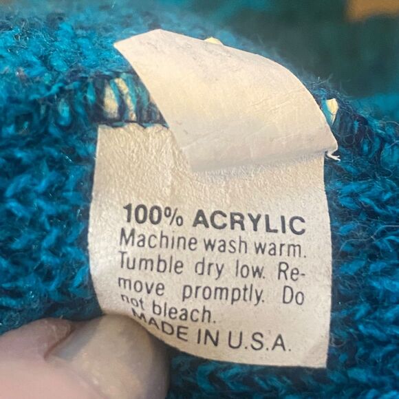Le Tigre Vintage USA Made Geometric Knit Sweater Blue Teal Mens L - Picture 4 of 9